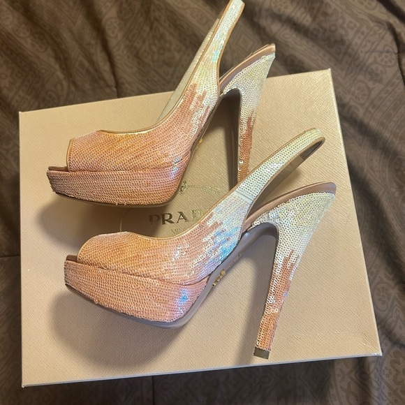 Prada Milano sequence palillette open toe sling back platform high heel - Picture 2 of 15